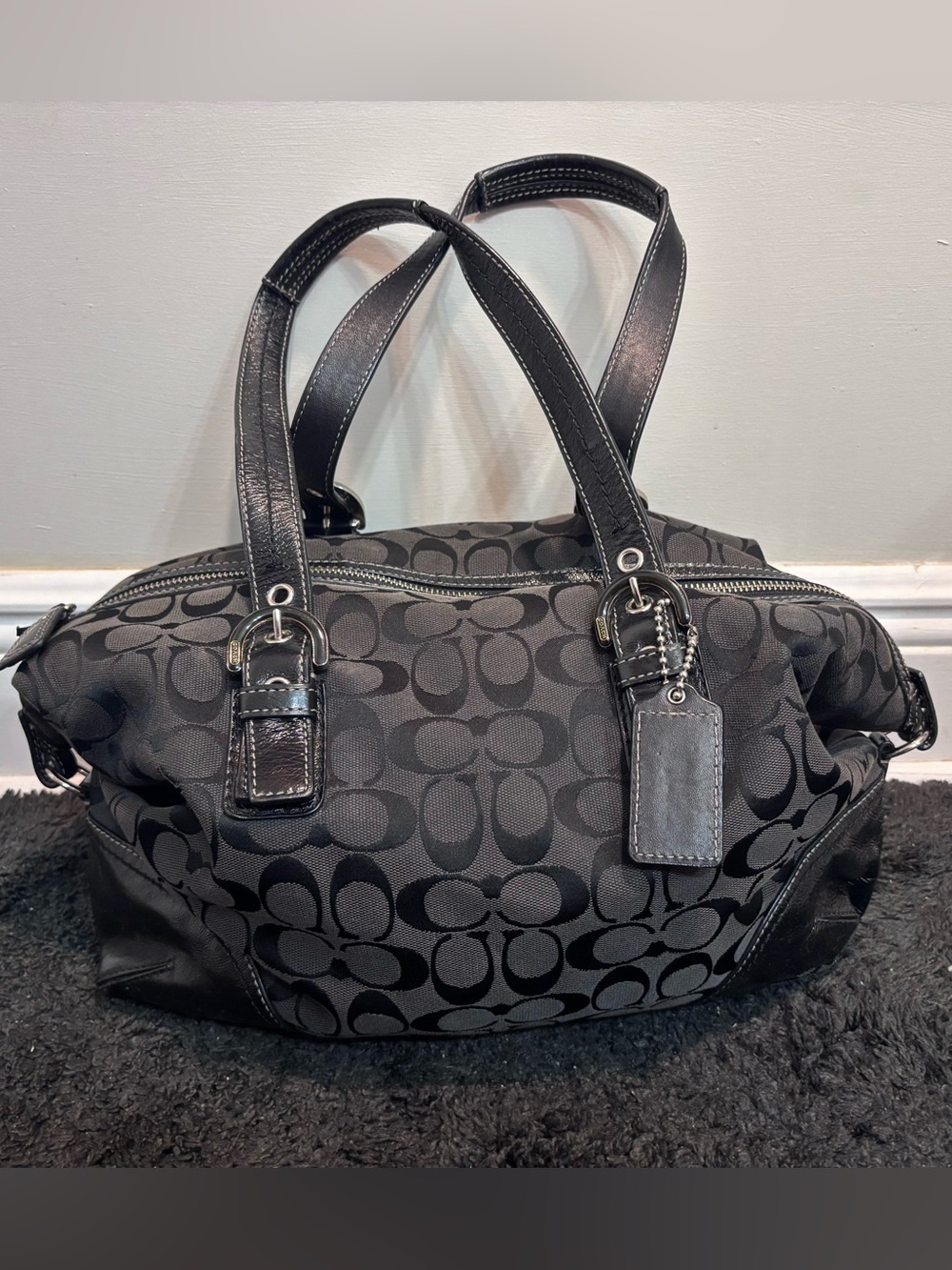 Coach Vintage Black Signature C Jacquard Satchel Shoulder Bag Y2K